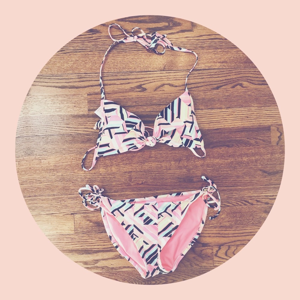 neon pink coral geometric bikini swimsuit large xl